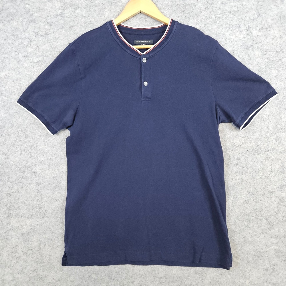 Banana Republic Men's Navy Blue Henley Shirt Size M 100% Cotton Tipped Pique